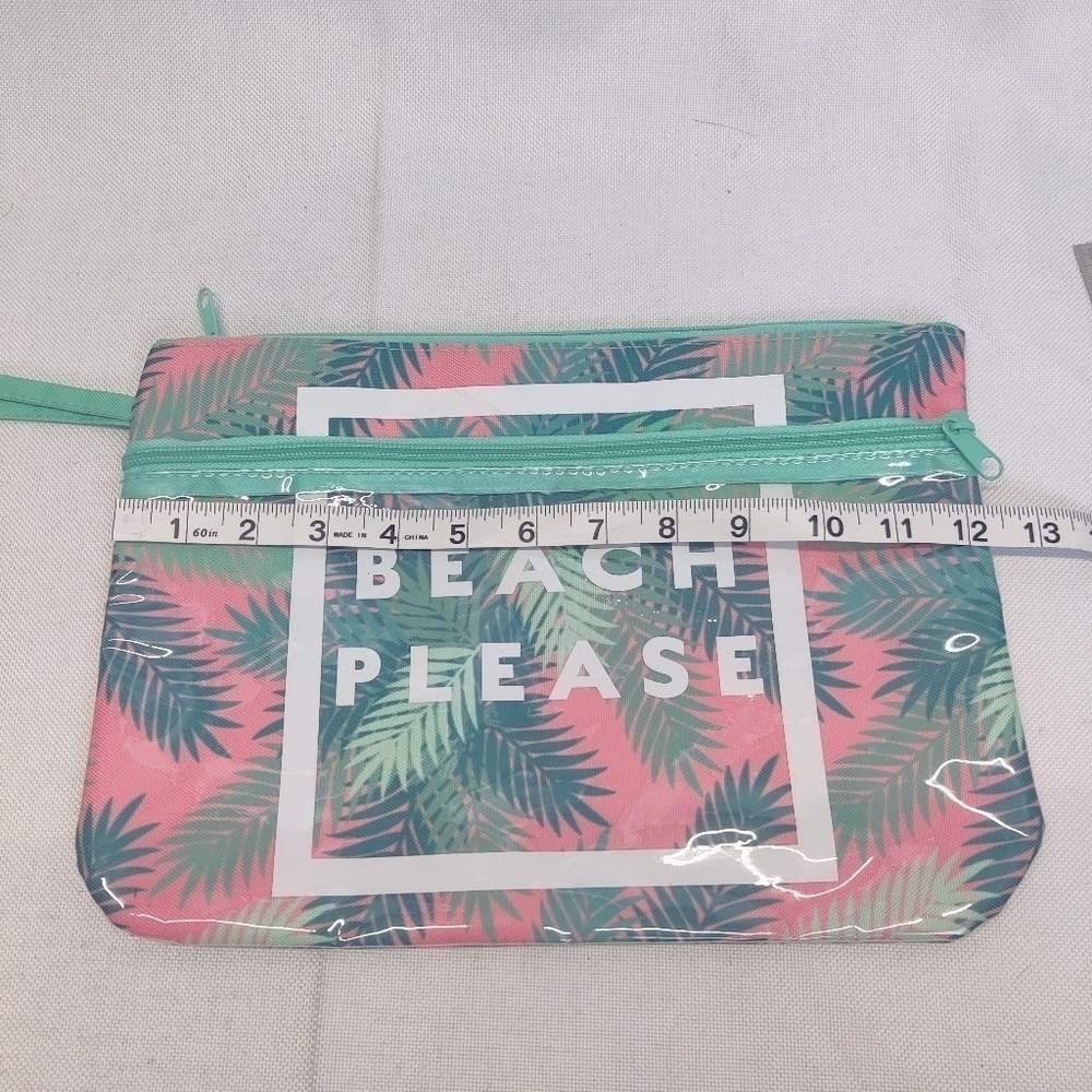 "Beach Please" Makeup Bag Palm Tree Leaf Pink Canvas Zipper Top & Clear Pocket - Picture 10 of 12